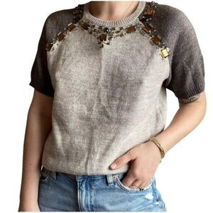 J Crew Jeweled Alpaca Merino Wool Blend Sweater Short Sleeves Brown Sz S